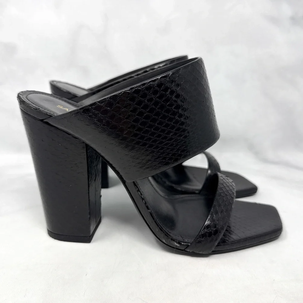 Saint Laurent Oak Snakeskin Leather Square Toe Block Heel Mule Sandal Black 38.5 - Picture 3 of 16